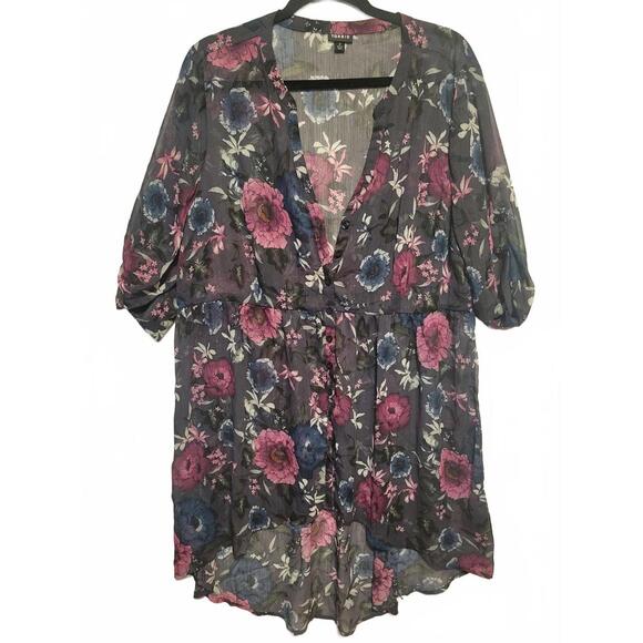 torrid Tops - Torrid Floral Deep‎ V Neck Sheer Hi-Low Blouse Size 2